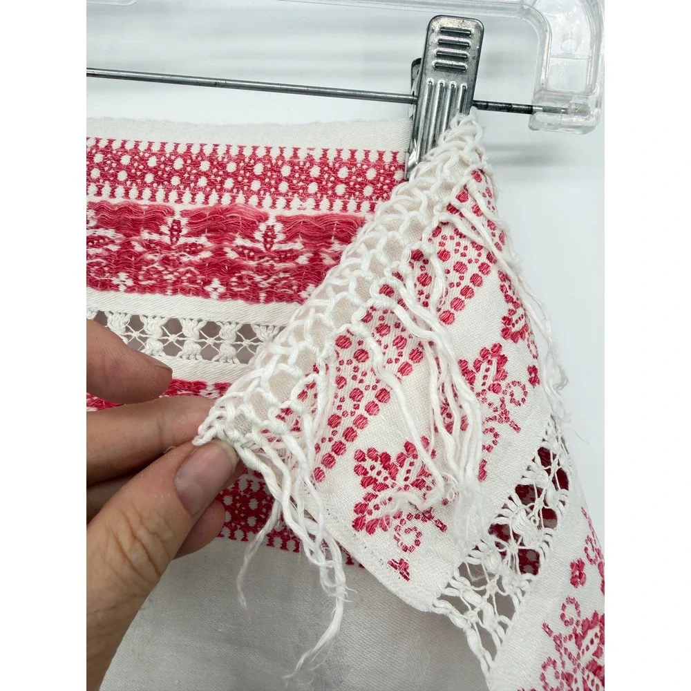 VTG Tea Towel Dresser Scarf Table Runner Red White Embroidered Fringe Boho